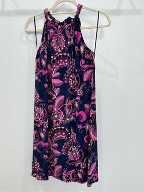 Trina Turk Navy, Pink and Purple Paisley Halter Dress